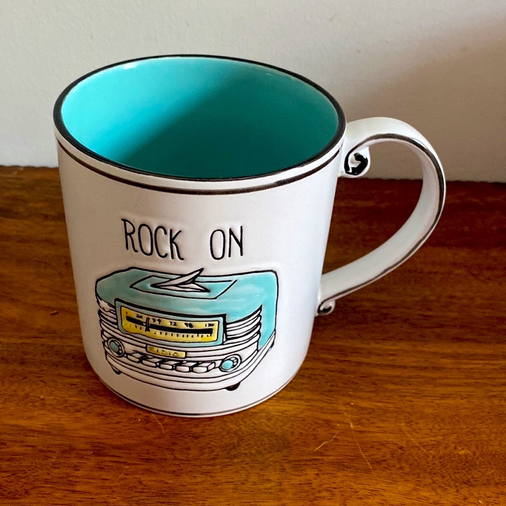 Retro Radio Embossed Ceramic Large Coffee Mug Rock On Turquoise 21oz

.